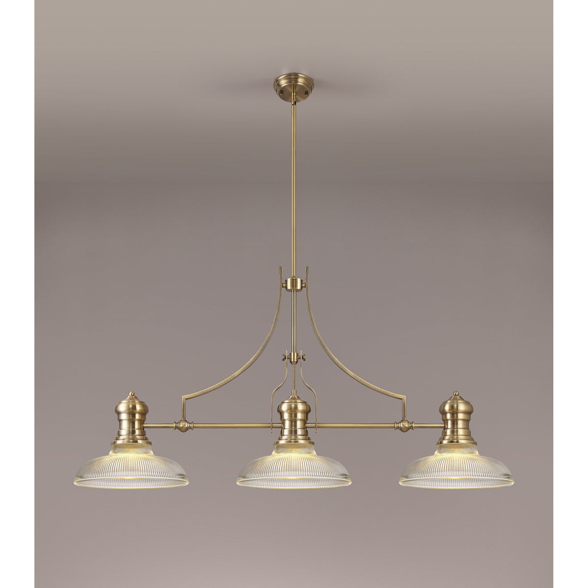 Fremington Antique Brass Linear Pendant with 300mm Clear Round Glass Shades