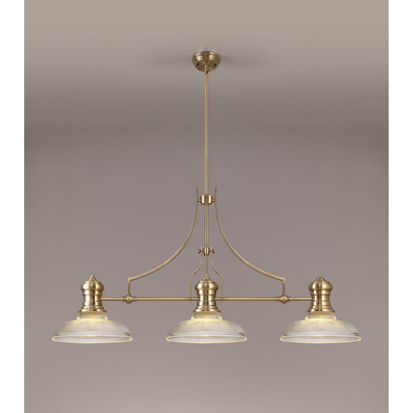 Fremington Antique Brass Linear Pendant with 300mm Clear Round Glass Shades