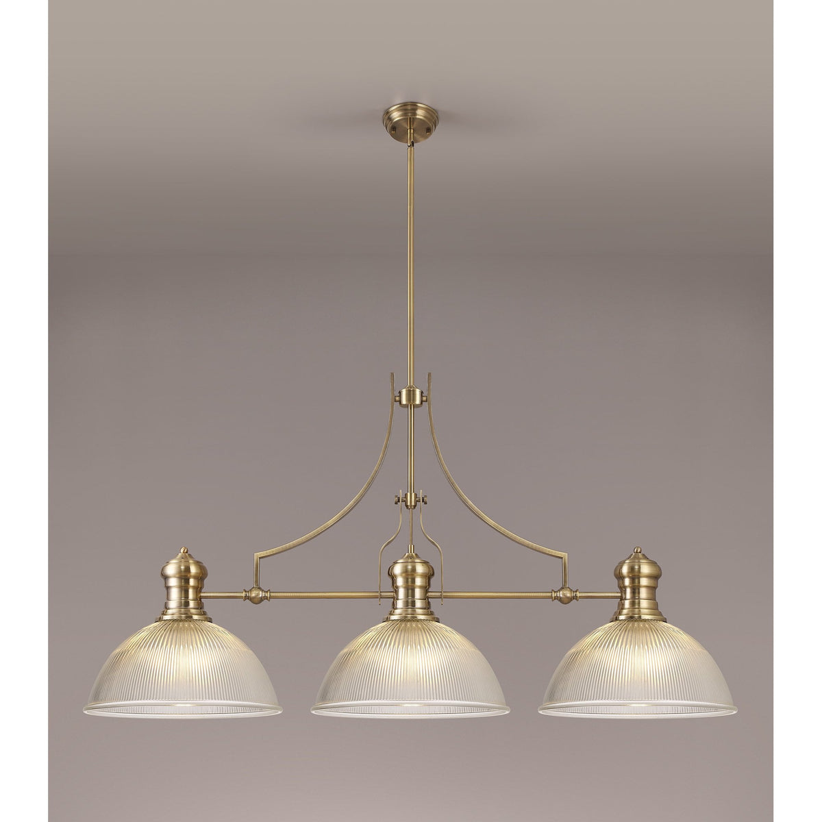 Fremington Antique Brass 3 Light Linear Pendant With Large Dome Glass Shade