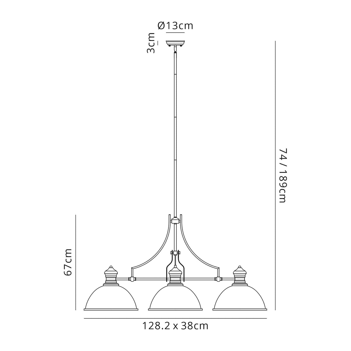 Fremington Antique Brass 3 Light Linear Pendant With Large Dome Glass Shade