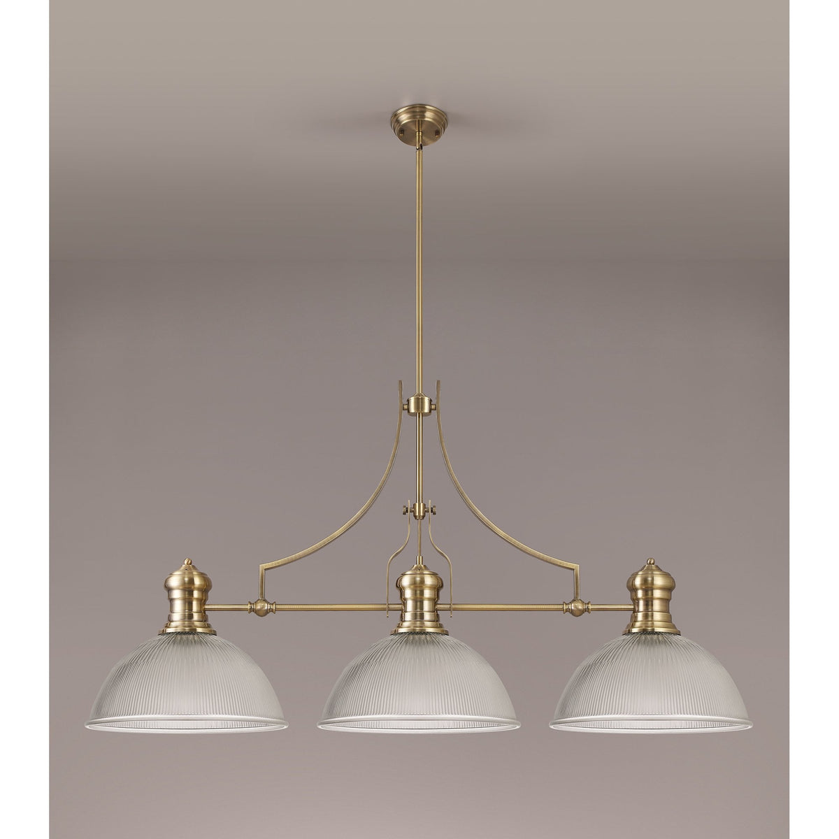 Fremington Antique Brass 3 Light Linear Pendant With Large Dome Glass Shade