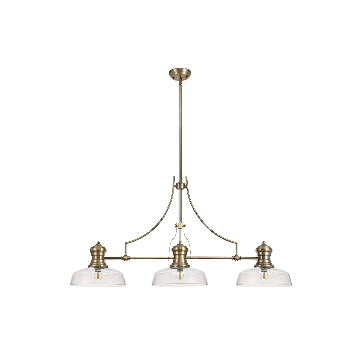 Fremington E27 Linear Pendant in Antique Brass Finish with Flat Round Glass Shades