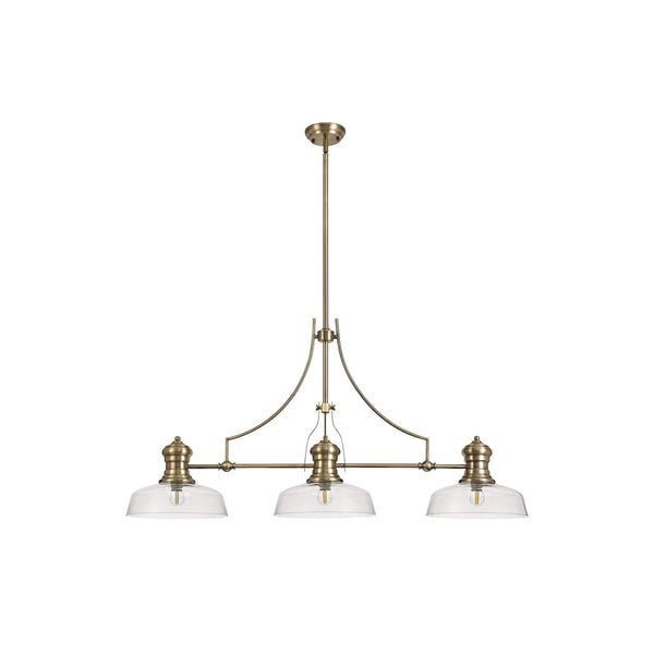 Fremington E27 Linear Pendant in Antique Brass Finish with Flat Round Glass Shades