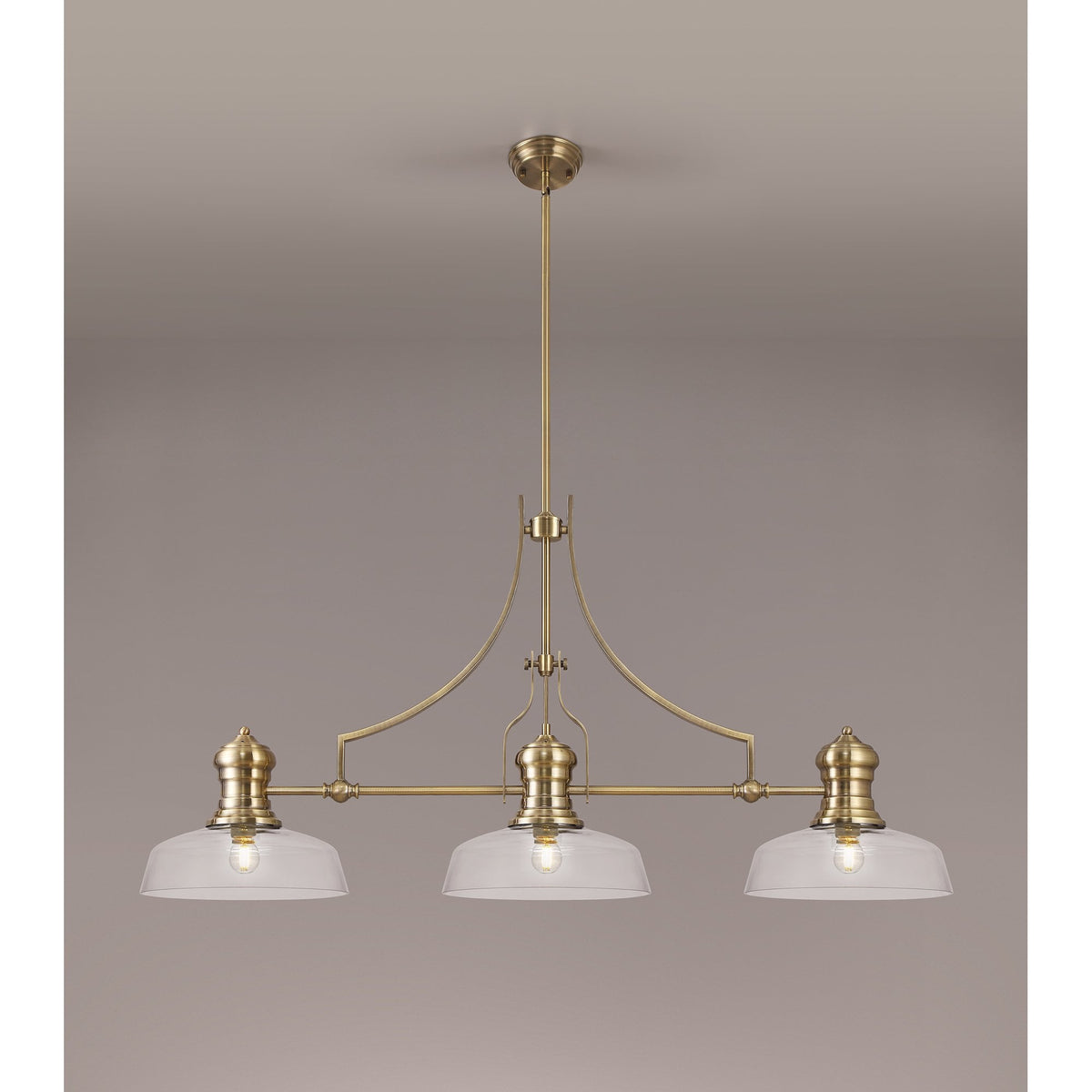 Fremington E27 Linear Pendant in Antique Brass Finish with Flat Round Glass Shades
