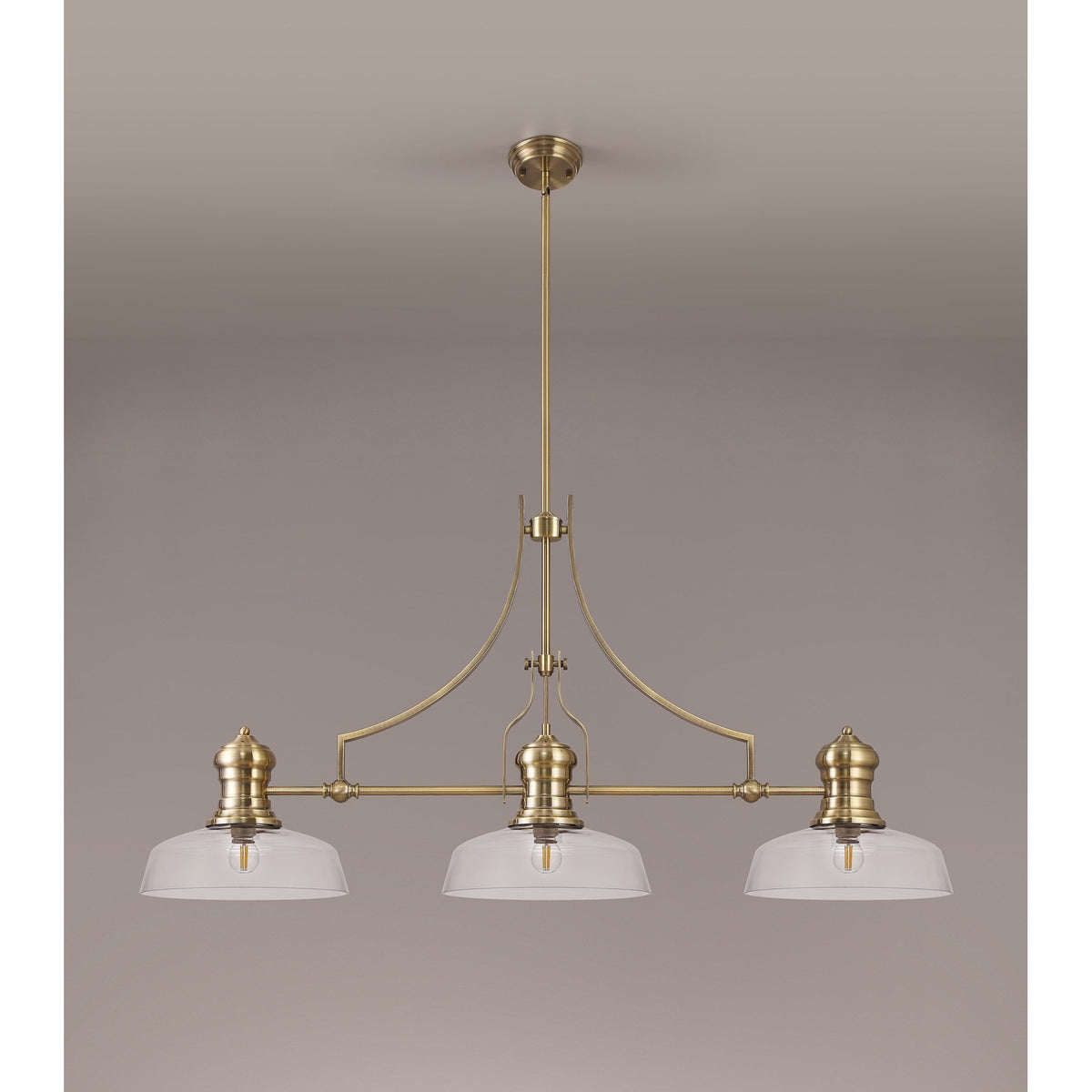 Fremington E27 Linear Pendant in Antique Brass Finish with Flat Round Glass Shades