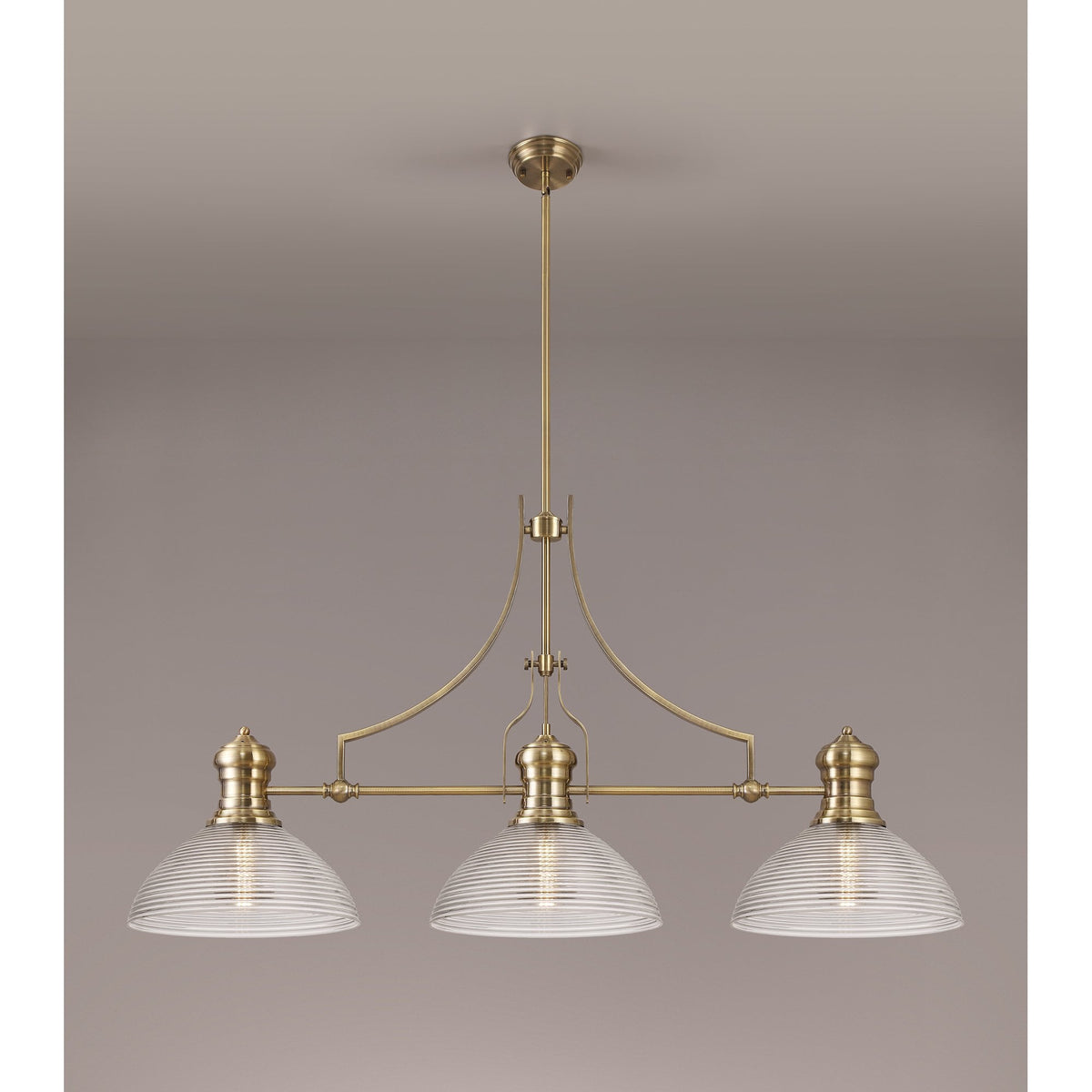 Fremington Antique Brass Linear Pendant with Large Prismatic Glass Shades