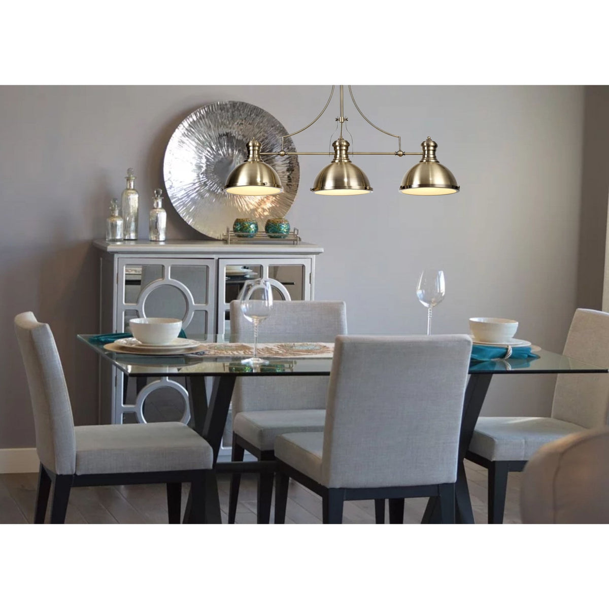 Fremington Antique Brass Linear Pendant with Large Prismatic Glass Shades