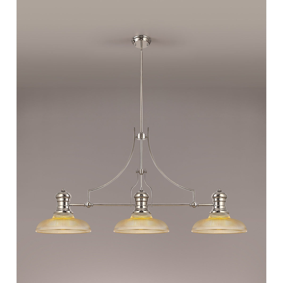 Fremington Polished Nickel Linear Pendant with 300mm Amber Round Glass Shades