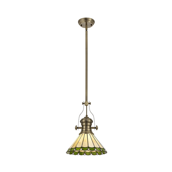 Fremington Postbridge Pendant 1xE27 with 30cm Tiffany Shade in Antique Brass Green Cream Crystal