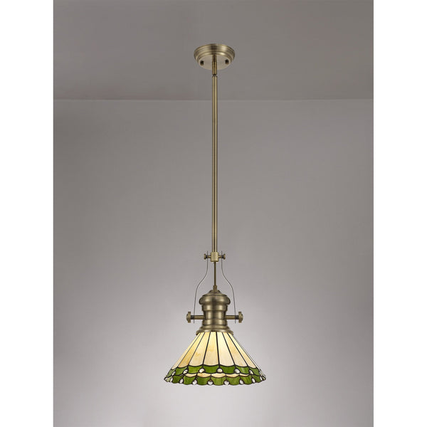 Fremington Postbridge Pendant 1xE27 with 30cm Tiffany Shade in Antique Brass Green Cream Crystal