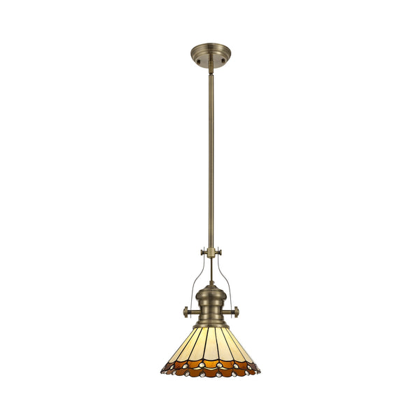 Fremington Postbridge Pendant with 30cm Tiffany Shade in Antique Brass Amber Cream Crystal