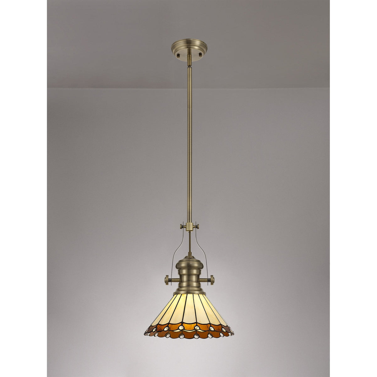 Fremington Postbridge Pendant with 30cm Tiffany Shade in Antique Brass Amber Cream Crystal