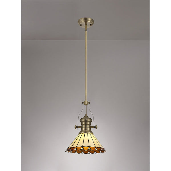 Fremington Postbridge Pendant with 30cm Tiffany Shade in Antique Brass Amber Cream Crystal