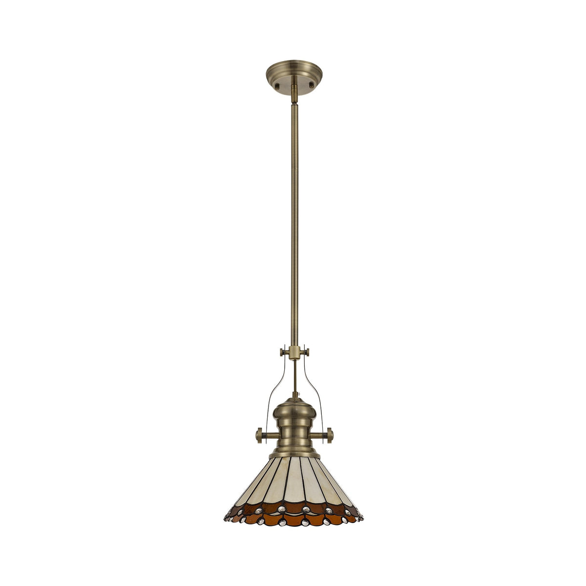 Fremington Postbridge Pendant with 30cm Tiffany Shade in Antique Brass Amber Cream Crystal