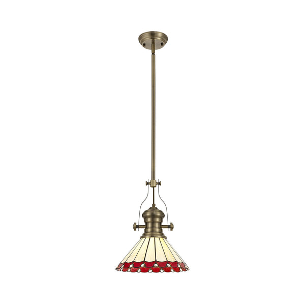 Fremington Postbridge Pendant with 30cm Tiffany Shade in Antique Brass Red Cream Crystal