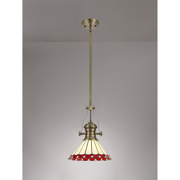 Fremington Postbridge Pendant with 30cm Tiffany Shade in Antique Brass Red Cream Crystal