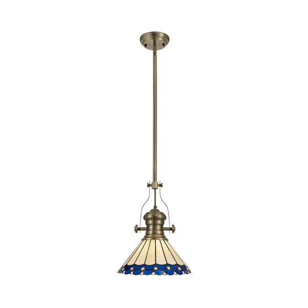 Fremington Postbridge Pendant 1xE27 with 30cm Tiffany Shade in Antique Brass Blue Cream Crystal