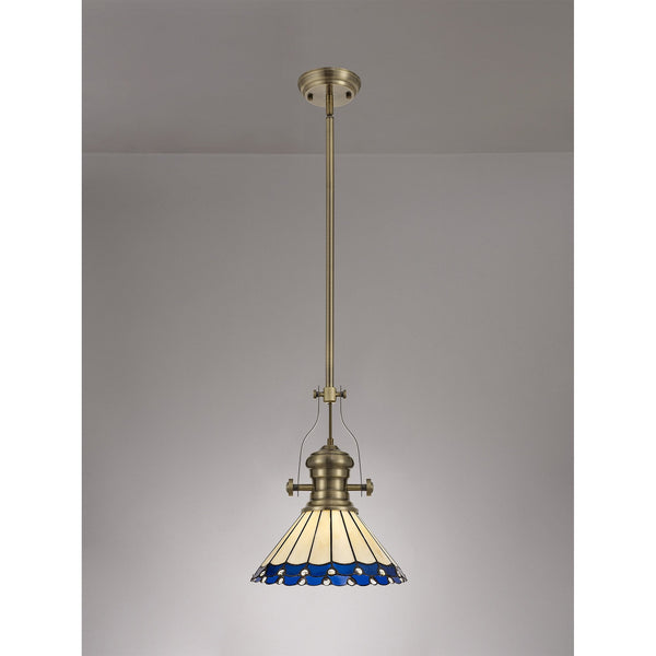 Fremington Postbridge Pendant 1xE27 with 30cm Tiffany Shade in Antique Brass Blue Cream Crystal