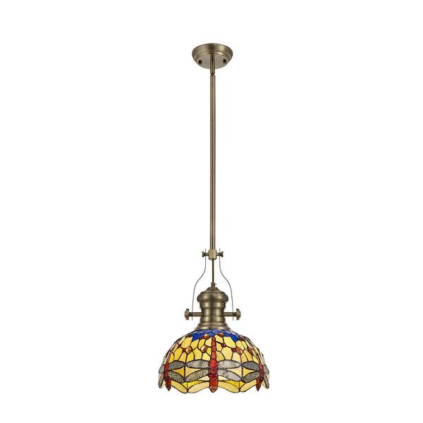 Fremington Antique Brass Pendant With Blue & Orange Loddiswell Tiffany Shade