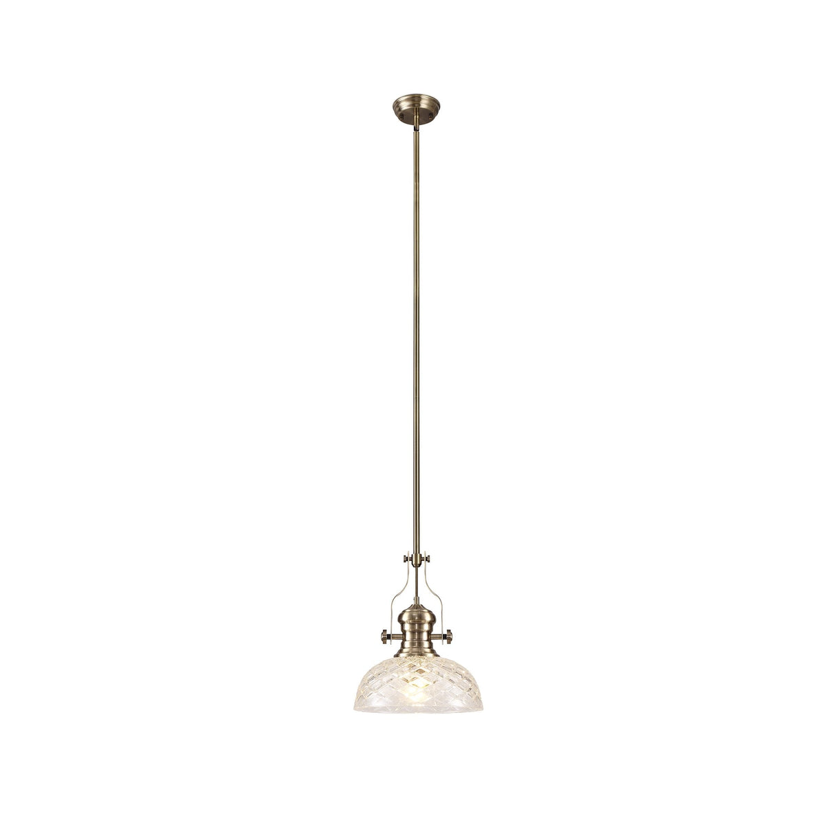 Fremington E27 Antique Brass Pendant With Cross Cut Clear Glass Shade