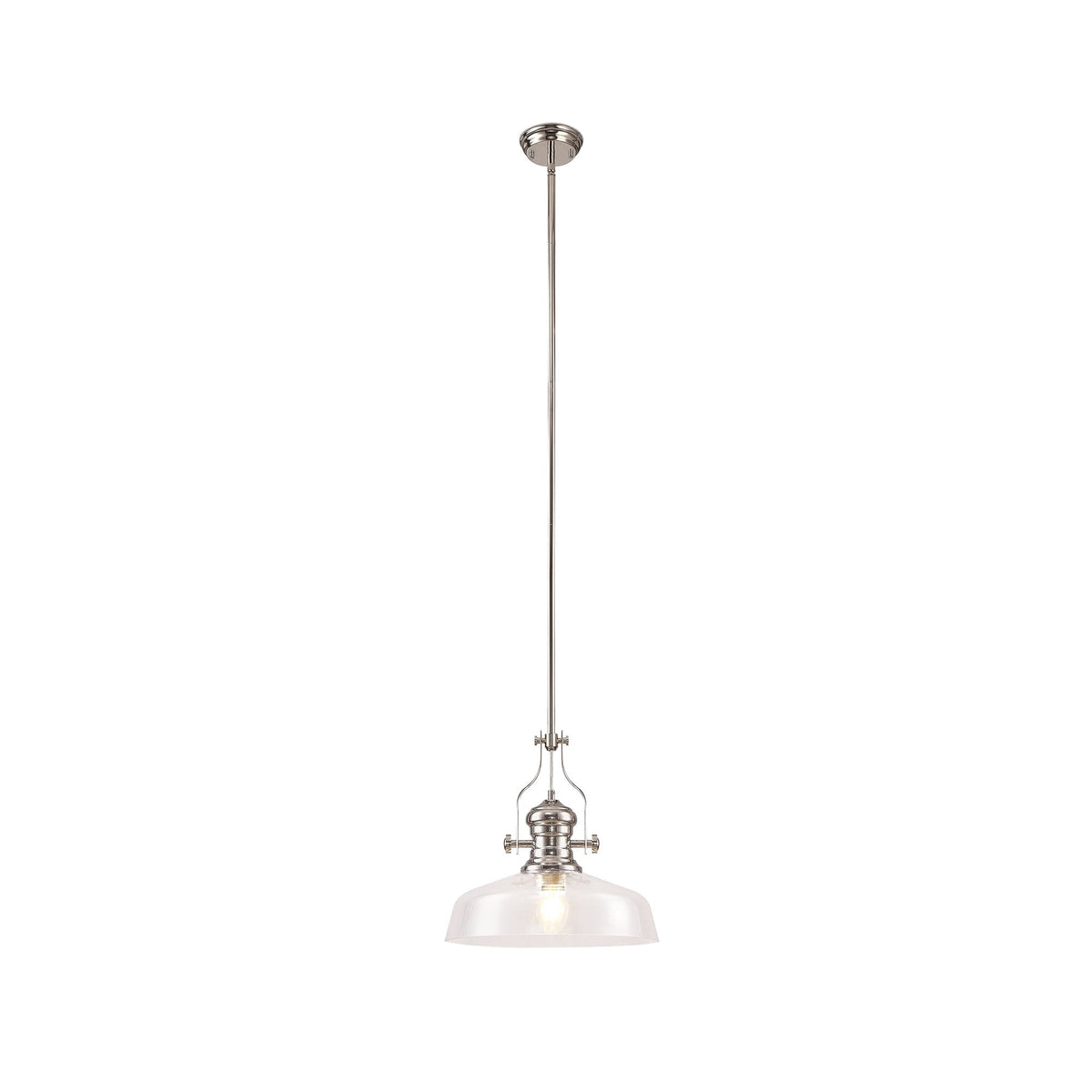 Fremington E27 Polished Nickel Pendant With Large Flat Round Clear Glass Shade