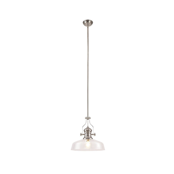 Fremington E27 Polished Nickel Pendant With Large Flat Round Clear Glass Shade