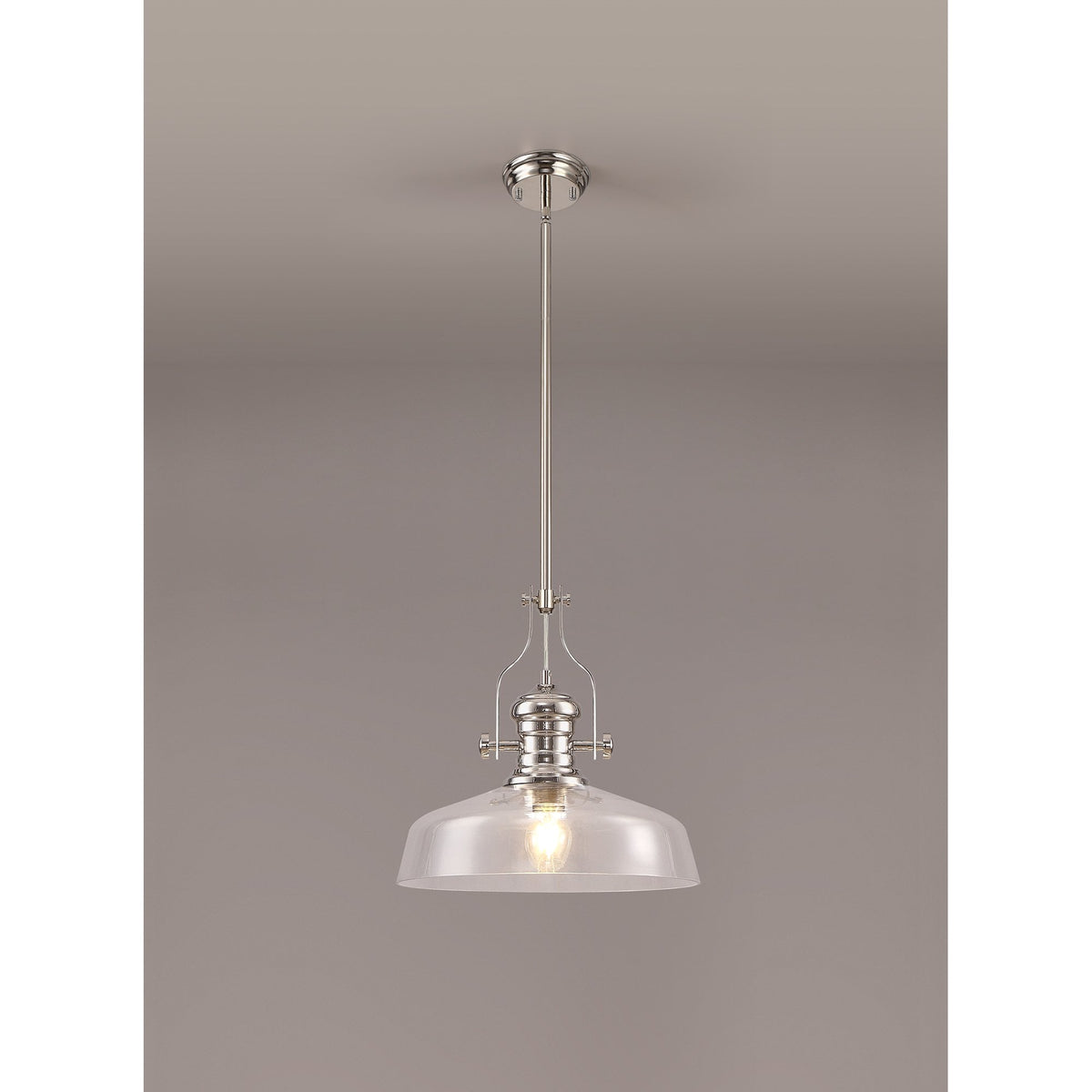 Fremington E27 Polished Nickel Pendant With Large Flat Round Clear Glass Shade