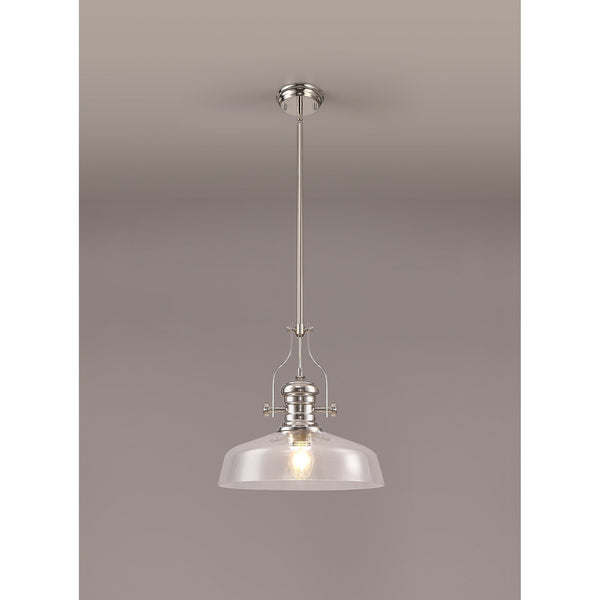 Fremington E27 Polished Nickel Pendant With Large Flat Round Clear Glass Shade