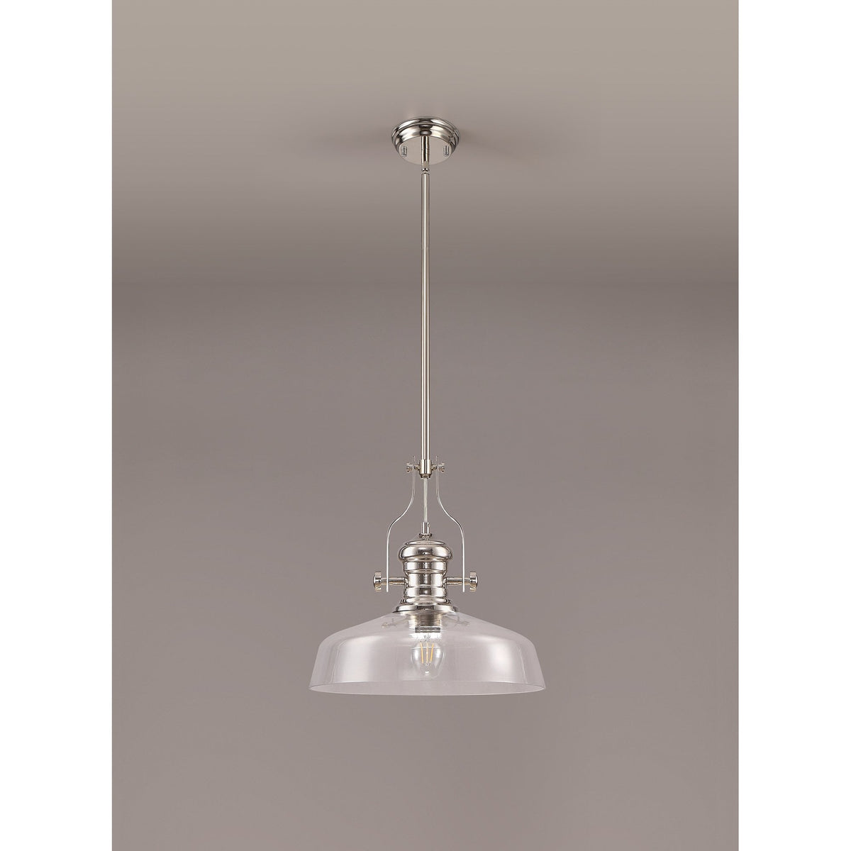 Fremington E27 Polished Nickel Pendant With Large Flat Round Clear Glass Shade