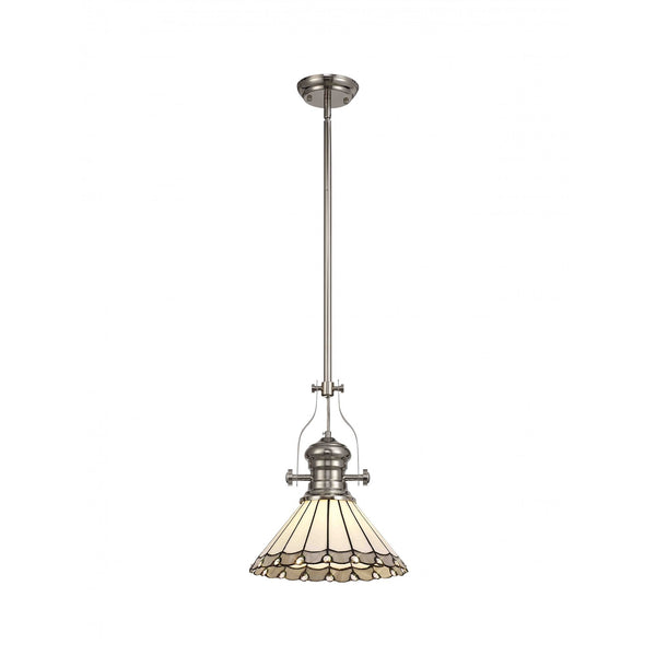 Fremington Postbridge Pendant with 30cm Tiffany Shade in Polished Nickel Grey Cream Crystal