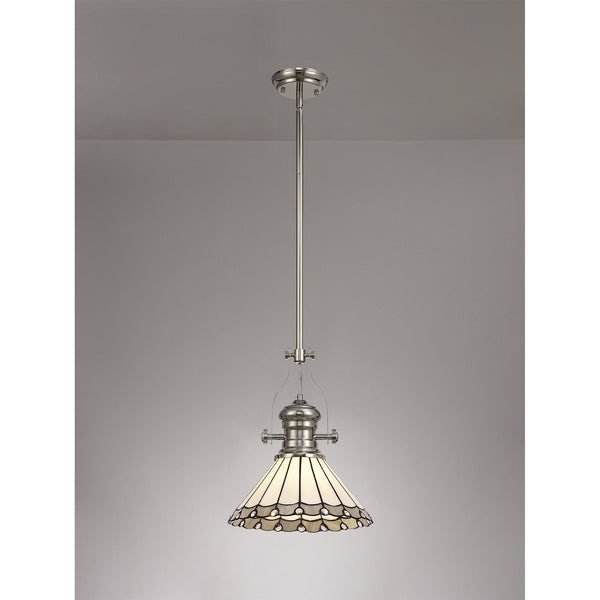Fremington Postbridge Pendant with 30cm Tiffany Shade in Polished Nickel Grey Cream Crystal
