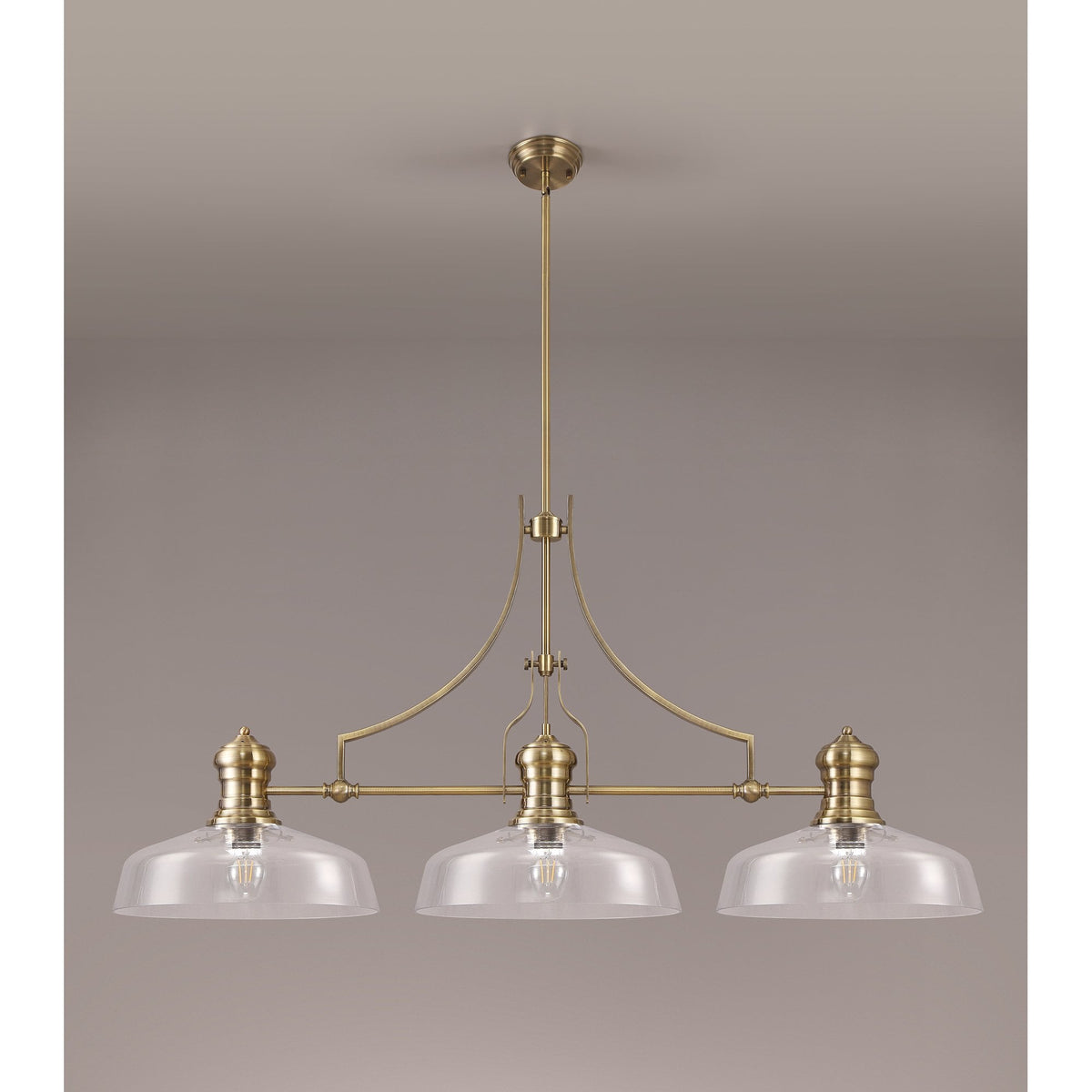 Fremington E27 Antique Brass Linear Pendant With Large Flat Round Shades