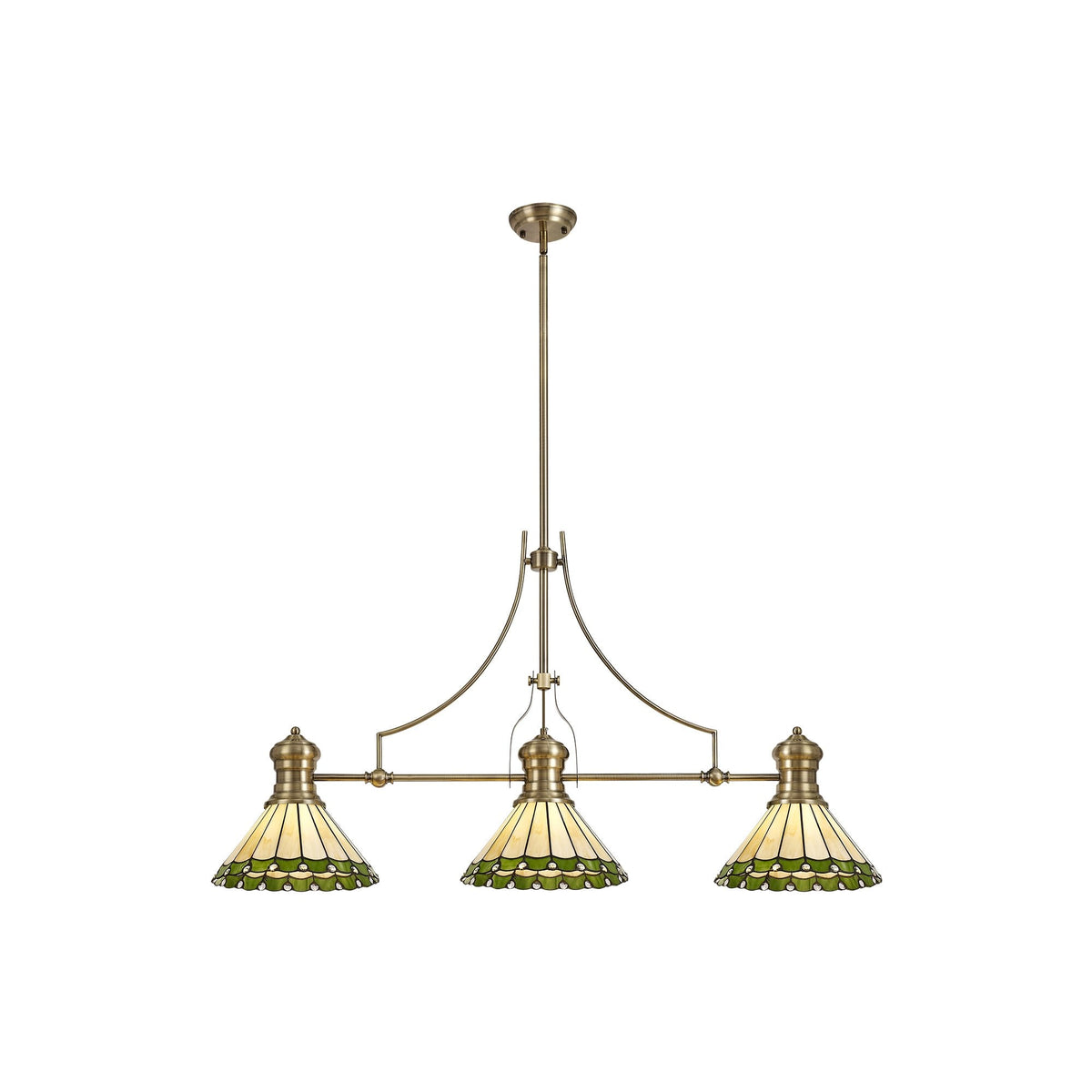 Fremington Postbridge 3 Light Linear Pendant with 30cm Tiffany Shades Antique Brass Green Cream Crystal