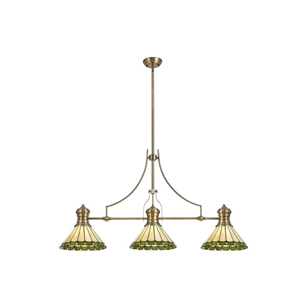 Fremington Postbridge 3 Light Linear Pendant with 30cm Tiffany Shades Antique Brass Green Cream Crystal