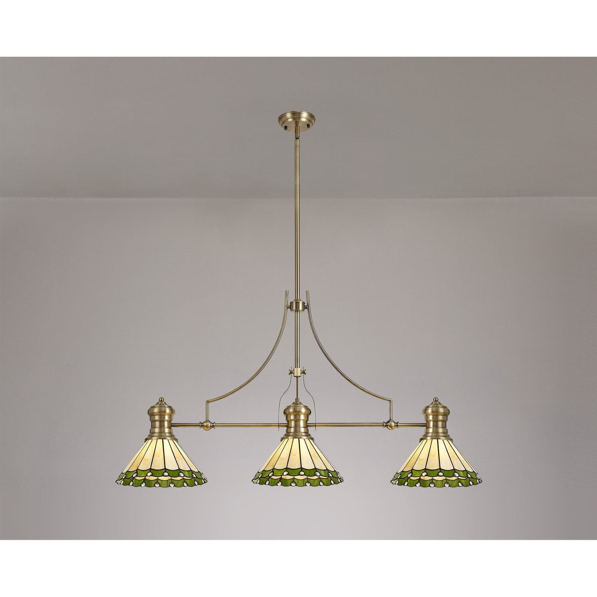 Fremington Postbridge 3 Light Linear Pendant with 30cm Tiffany Shades Antique Brass Green Cream Crystal