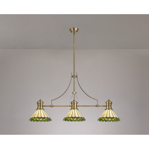 Fremington Postbridge 3 Light Linear Pendant with 30cm Tiffany Shades Antique Brass Green Cream Crystal