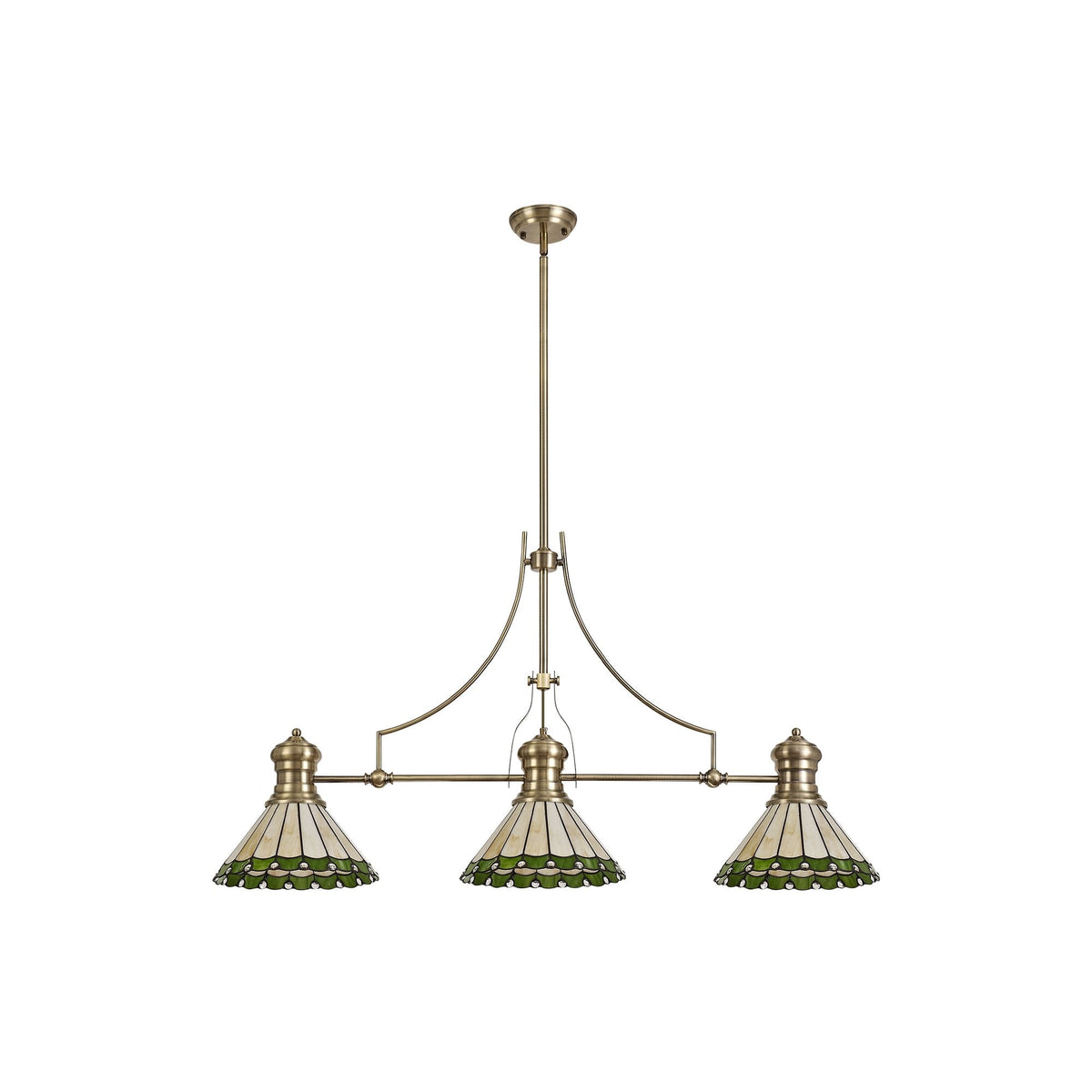 Fremington Postbridge 3 Light Linear Pendant with 30cm Tiffany Shades Antique Brass Green Cream Crystal