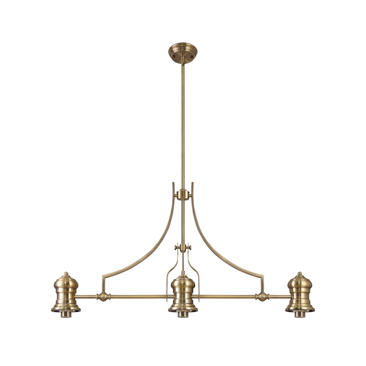 Fremington Postbridge 3 Light Linear Pendant with 30cm Tiffany Shades Antique Brass Green Cream Crystal