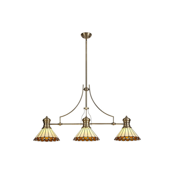 Fremington Postbridge 3 Light Linear Pendant in Aged Antique Brass With 30cm Tiffany Amber Cream and Crystal Shades