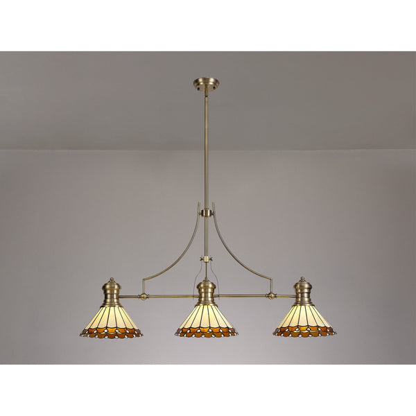 Fremington Postbridge 3 Light Linear Pendant in Aged Antique Brass With 30cm Tiffany Amber Cream and Crystal Shades