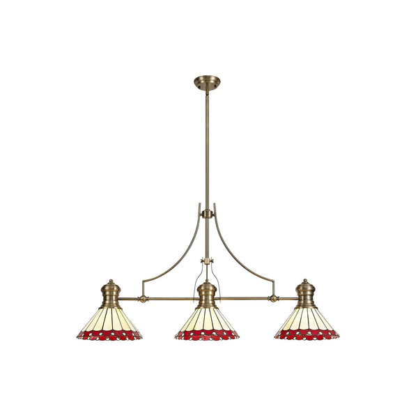 Fremington Antique Brass Linear Pendant with Small Postbridge Red & Cream Tiffany Shades