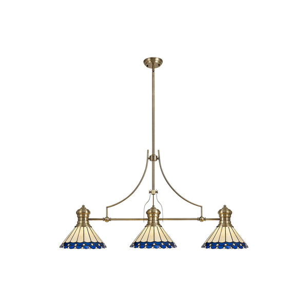 Fremington Antique Brass Linear Pendant with Small Postbridge Blue & Cream Tiffany Shades