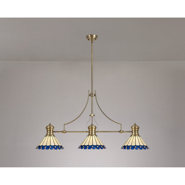 Fremington Antique Brass Linear Pendant with Small Postbridge Blue & Cream Tiffany Shades