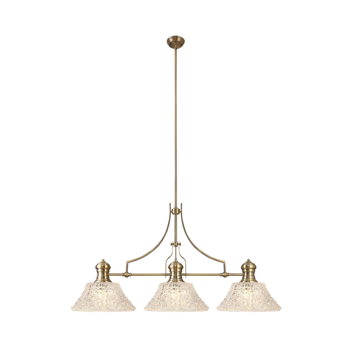 Fremington E27 Antique Brass Linear Pendant With Large Patterned Round Shades
