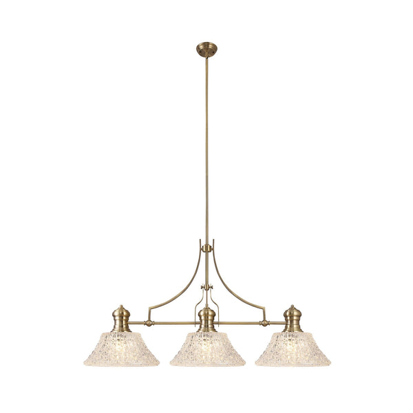 Fremington E27 Antique Brass Linear Pendant With Large Patterned Round Shades