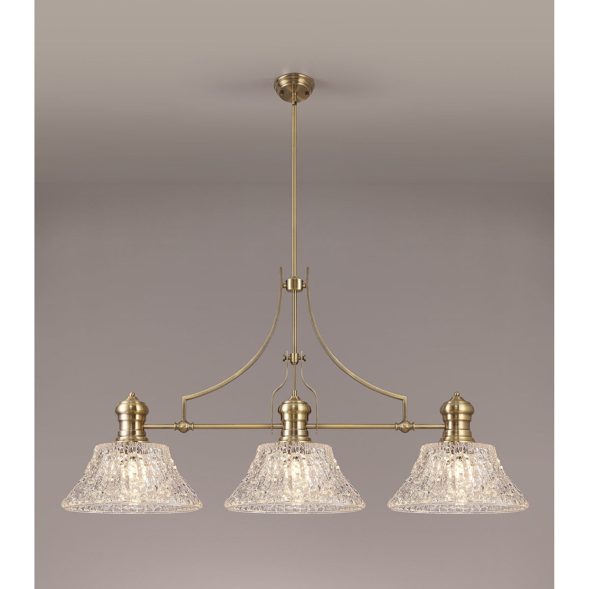 Fremington E27 Antique Brass Linear Pendant With Large Patterned Round Shades