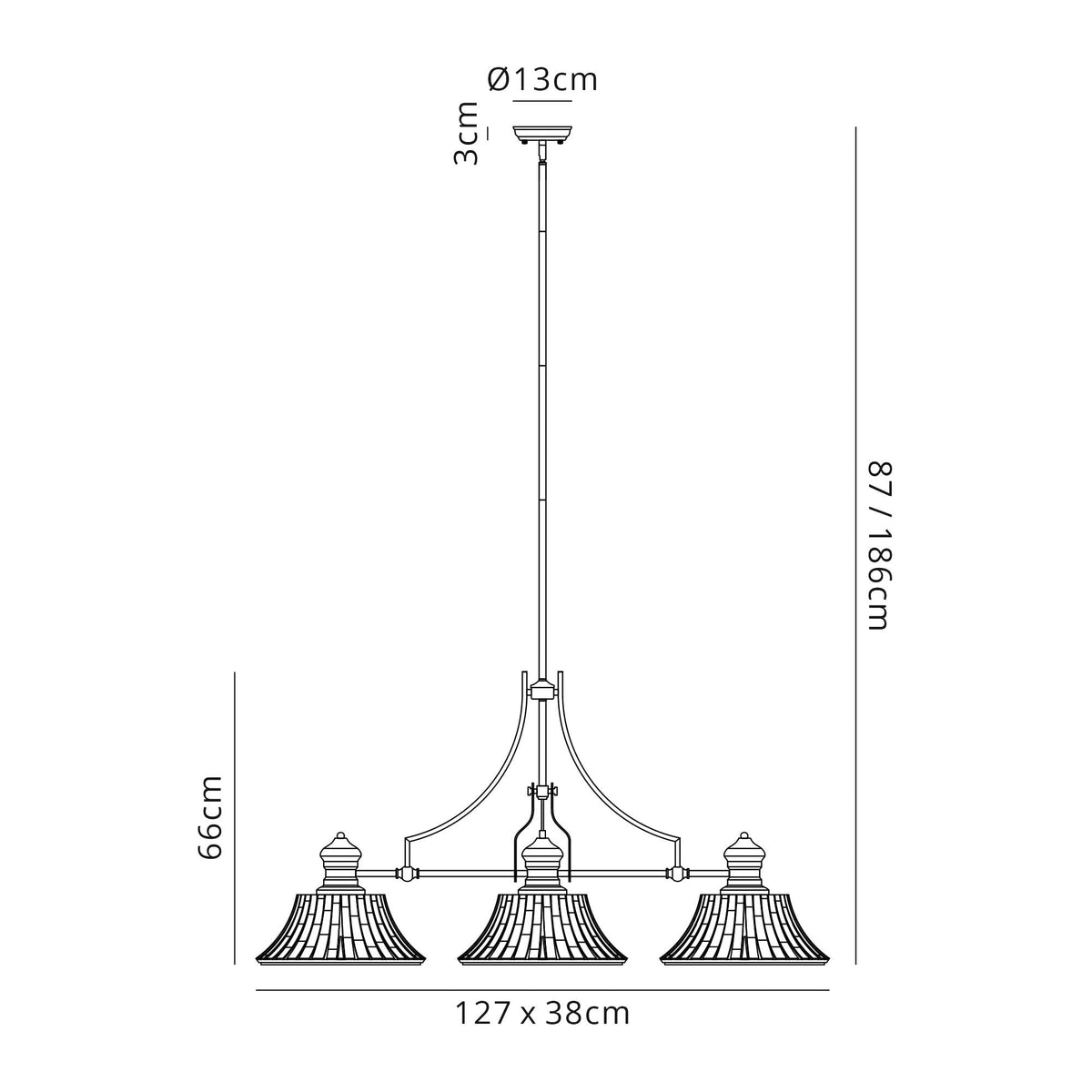 Fremington E27 Antique Brass Linear Pendant With Large Patterned Round Shades