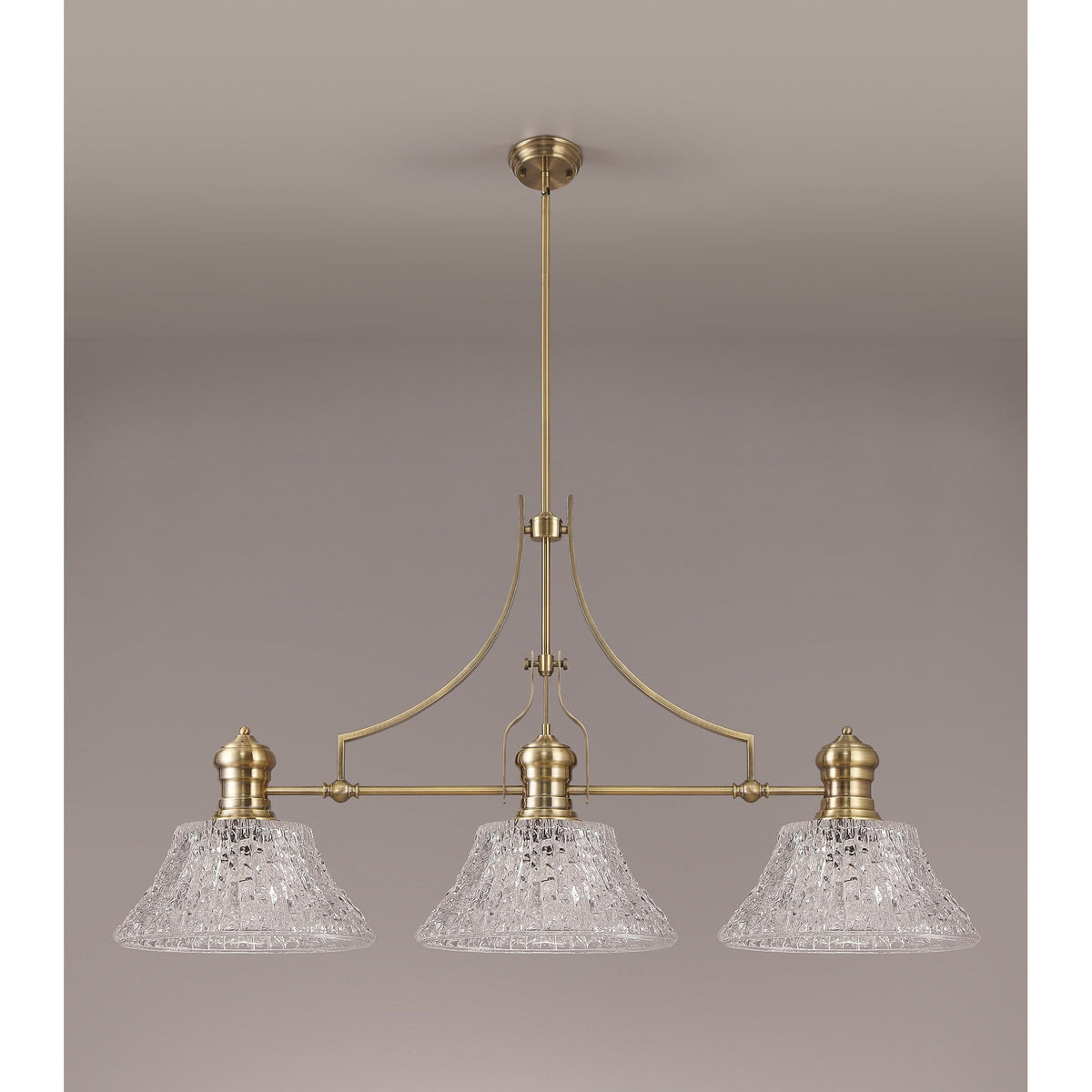 Fremington E27 Antique Brass Linear Pendant With Large Patterned Round Shades