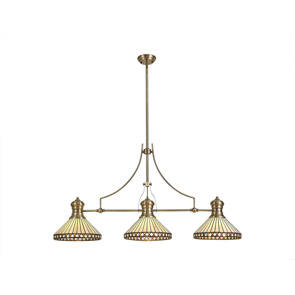 Fremington Antique Brass Linear Pendant with Amber Luppitt Tiffany Shades