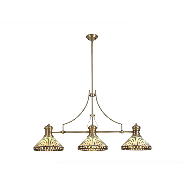 Fremington Antique Brass Linear Pendant with Amber Luppitt Tiffany Shades